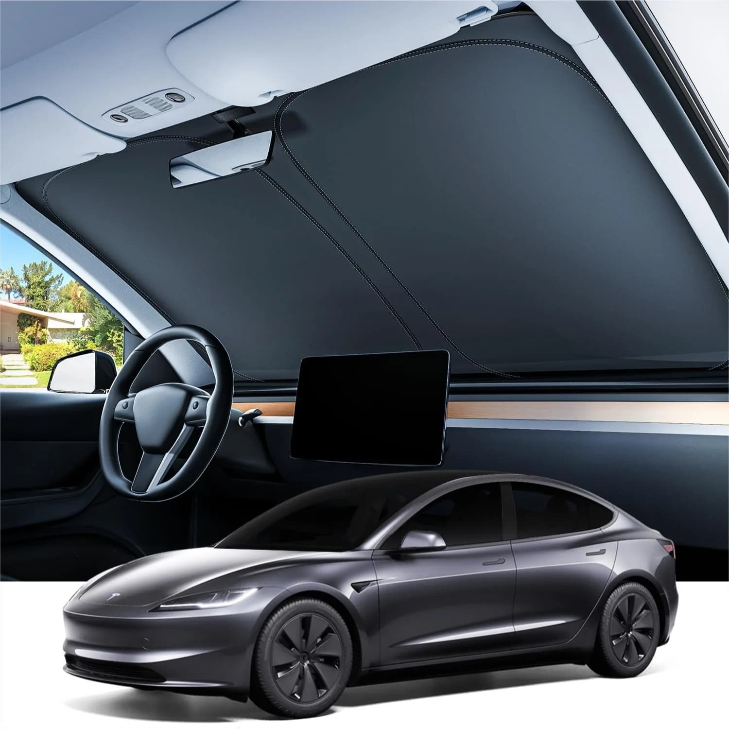 Parasole per Parabrezza Tesla Model 3, Protezione UV al 99% su Misura, Accessori Pieghevoli Facili da Usare con Borsa Portaoggetti per 2016-2026
