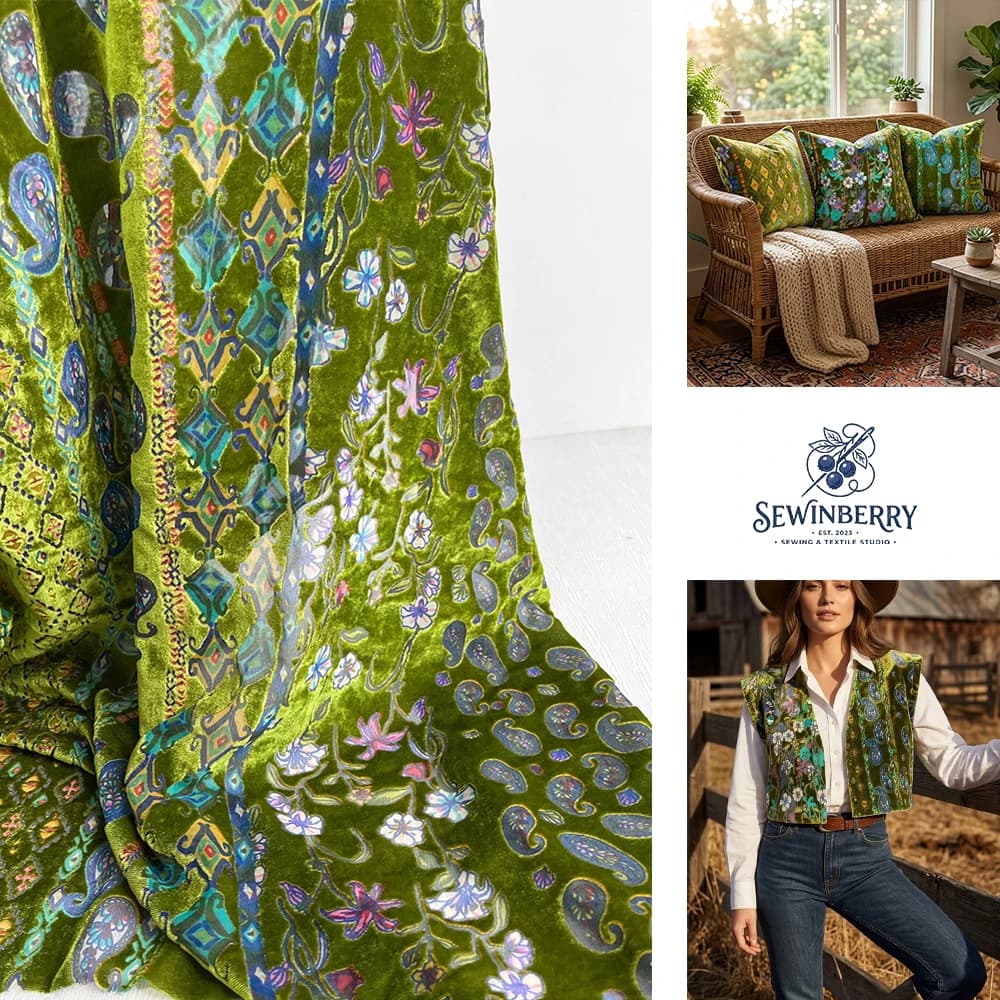 Green Ethnic Floral Flocking Rayon Nylon Fabric Jacquard Skirt Material 50x140cm For Fat Quarter Patchwork DIY Sewing Craft