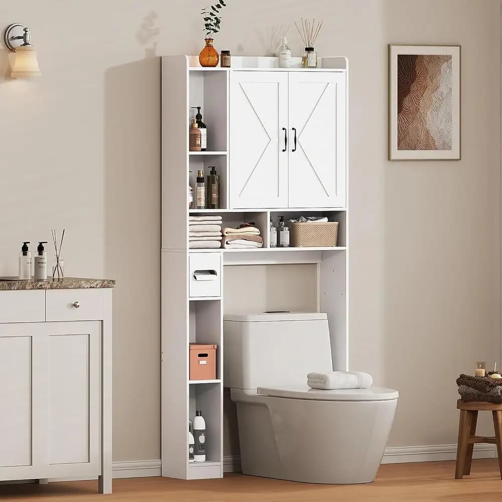 Mobiletto portaoggetti sopra il WC, organizer da bagno da 31 pollici di larghezza con doppia anta, scaffale sopra il WC, porta carta igienica rimovibile, Ba