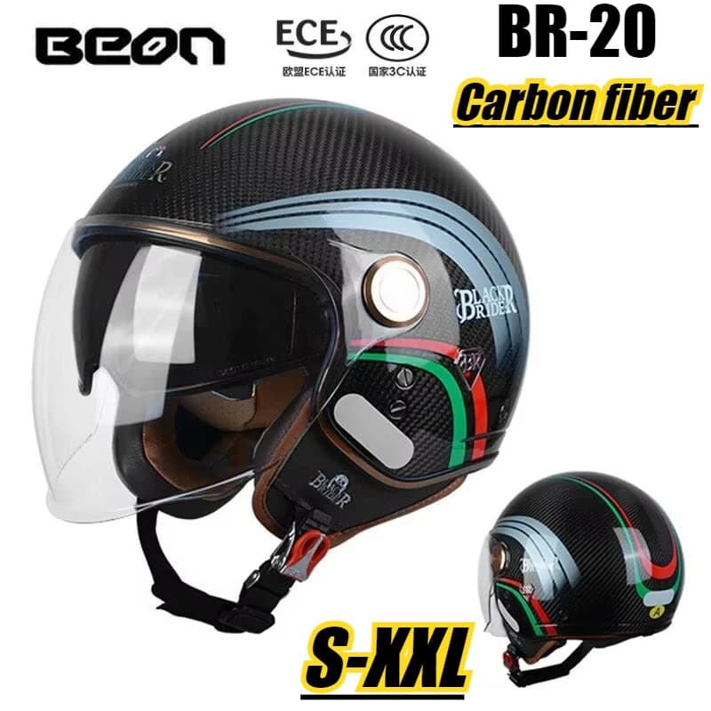 BEON BR-20 Fibra di carbonio 3/4 Retro Mezzo casco Open Face Moto Vintage Doppia lente Casco Casque Moto Casco Capacete