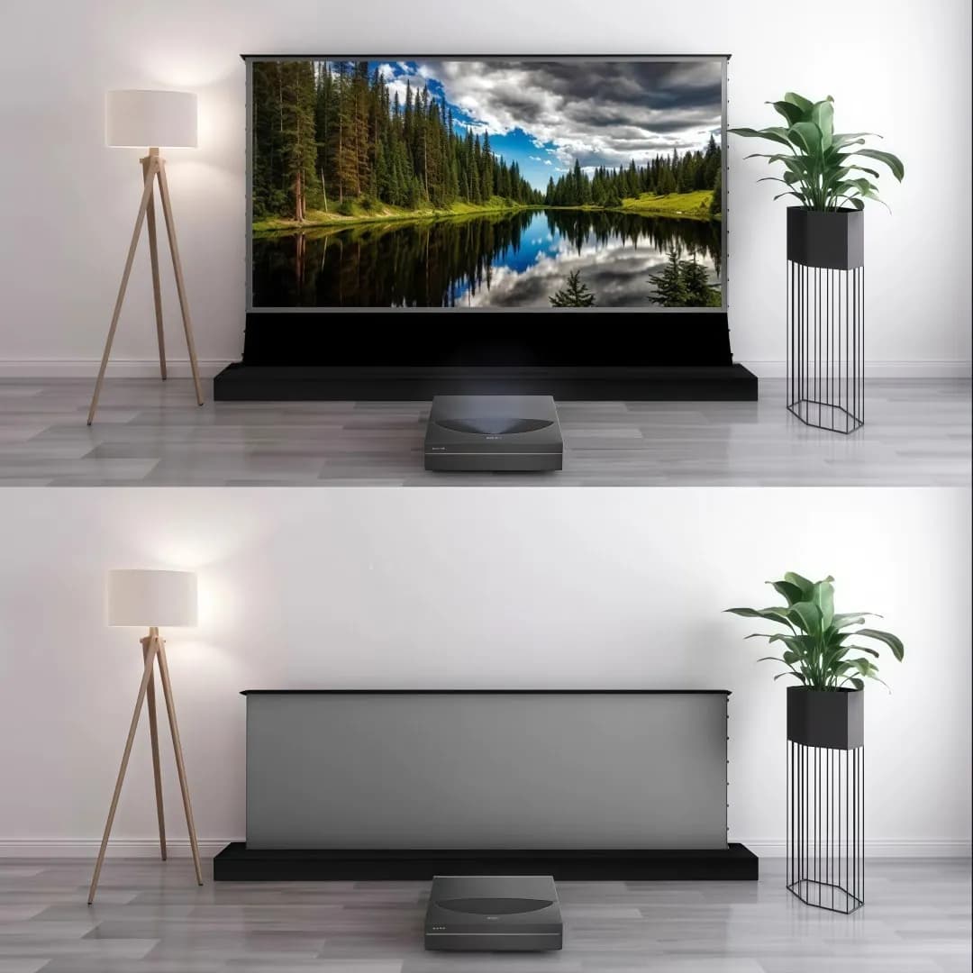Mivision 72 - Schermo rialzato a pavimento a tensione elettrica 16:9 da 150 pollici per proiettore laser 4k a ottica ultra corta, schermo ALR