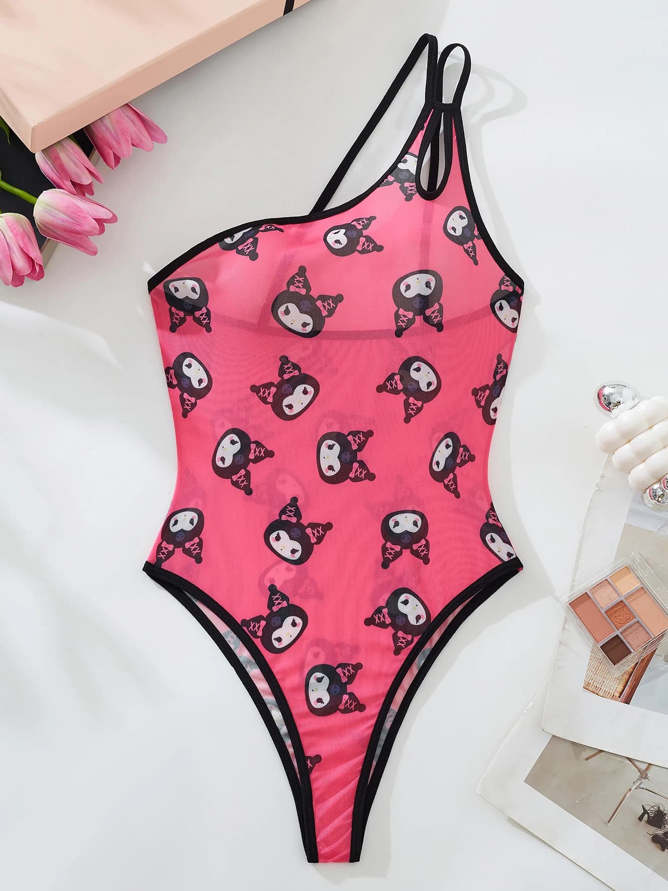 Sanrio KuromiWomen's Cute Digital Print Pink Pajamas Backless Bodysuit Women's Sexy Comfortable One-piece lingerie