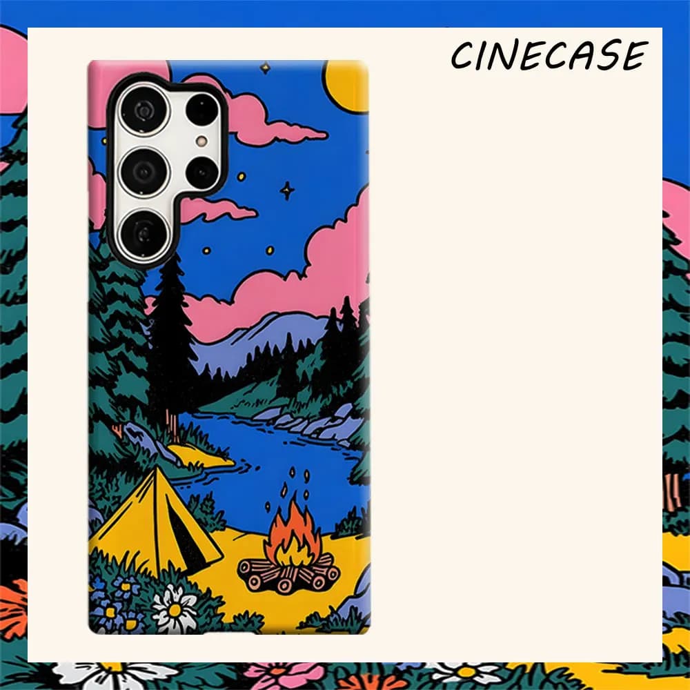 Vintage Camping Scene Tile For Samsung Galaxy S26 S25 S24 A56 A36 Dual Layer Luxury Fashion Full Lens Protective Case