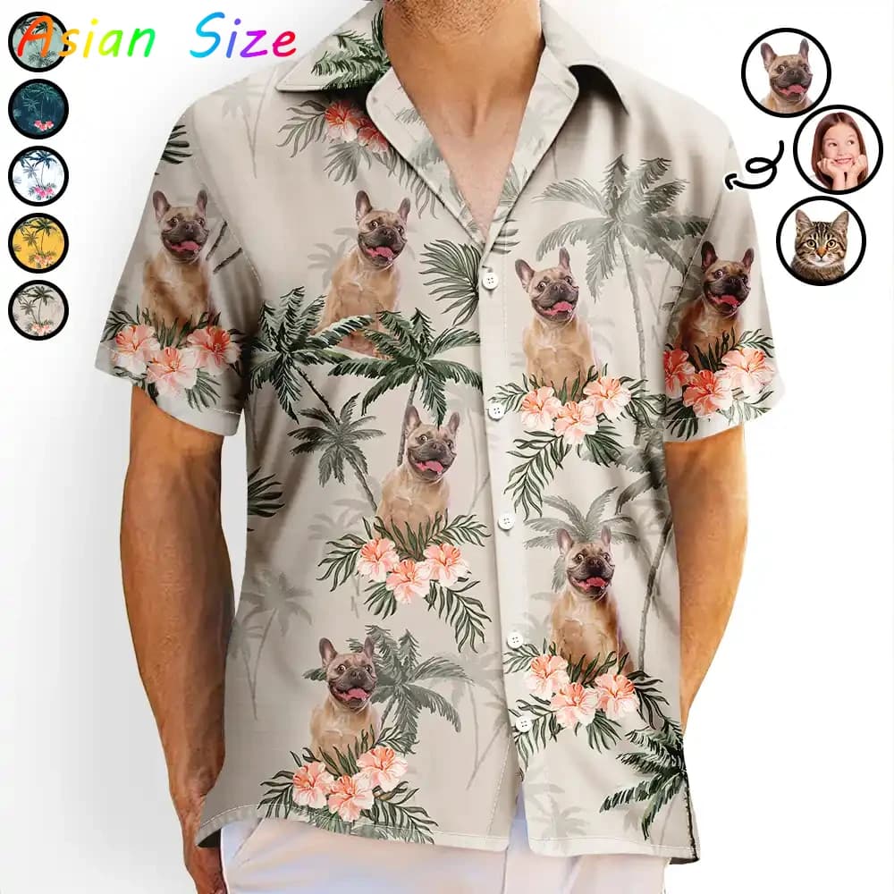 Camicia Hawaiana Personalizzata con Volto di Animale Domestico per Amanti di Cani e Gatti, Camicia con Bottoni, Maniche Corte da Spiaggia, Colletto, Blusa Fai-da-Te