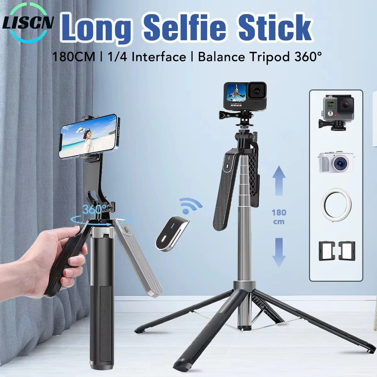 LISCN 180CM Selfie Stick Treppiede Rotazione a 360° Portatile Pieghevole Telefono Cellulare Treppiede Stabilizzatore per Viaggi Video Fotografia