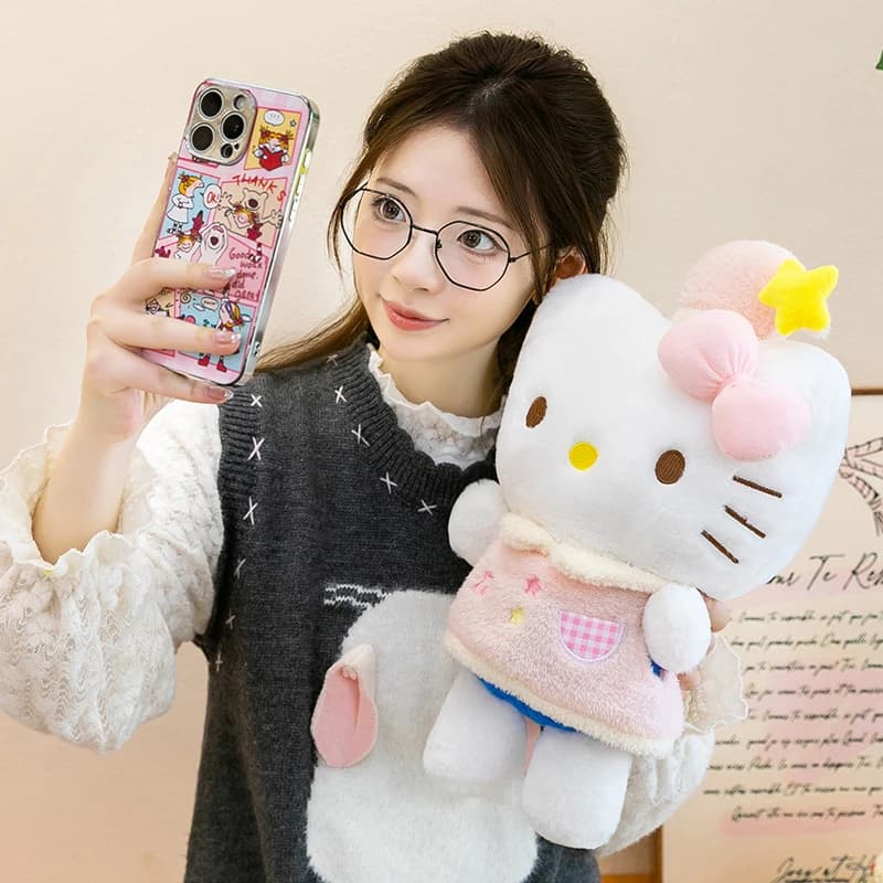 Peluche Sanrio Hello Kitty con Fiocco Rosa e Cappello a Stella, Morbido Pupazzo per Regalo di Compleanno per Bambini, Cuscino Gattino Carino, Decorazione per la Casa