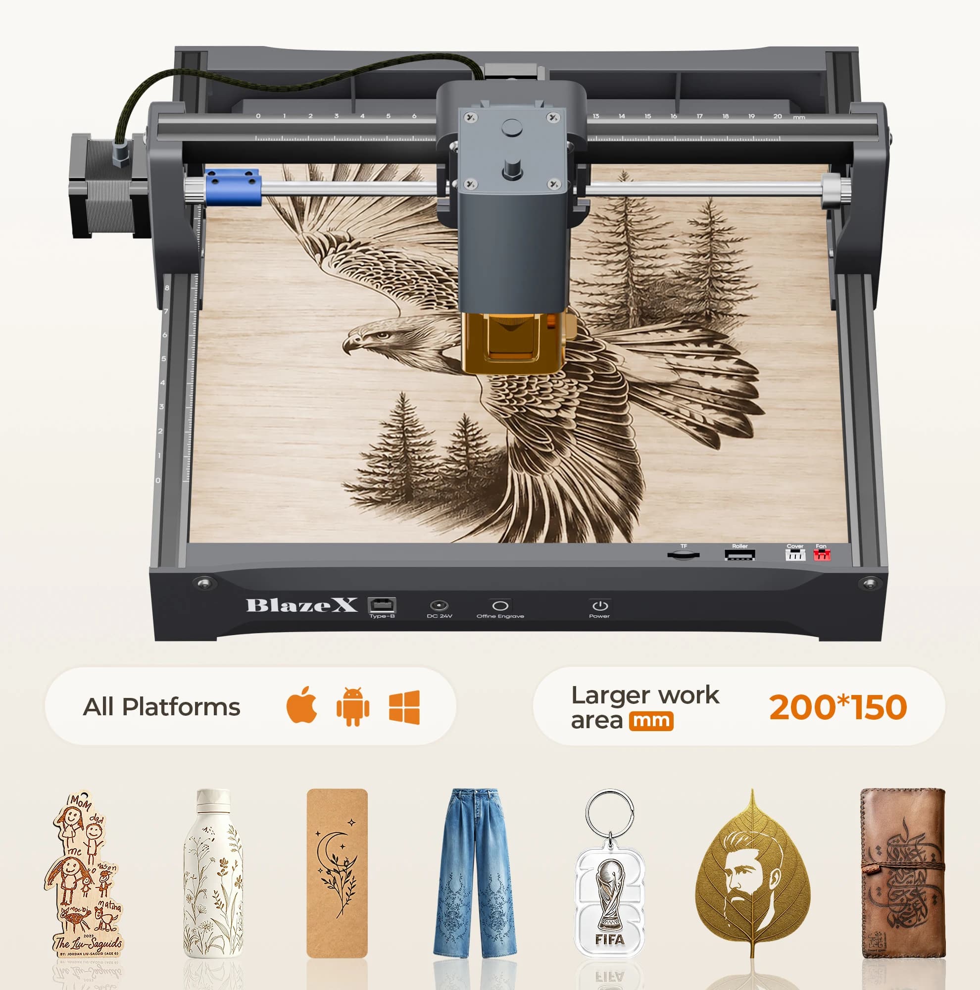 BlazeX M3 3W Laser Engraver Machine, 3000mW DIY Laser Engraving Machine with Class 1 Safety, 0.01mm High Precision Engraver for Wood, Leather, Glass and Acrylic, Compatible with Optional Protective Enclosure, Rotary Roller and Riser Kit