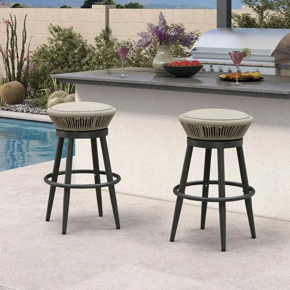 Outdoor Swivel Bar Height Stools Set of 2 Metal Modern Wicker Bar Chairs with Back Aluminum Woven Barstools with Cushions for K