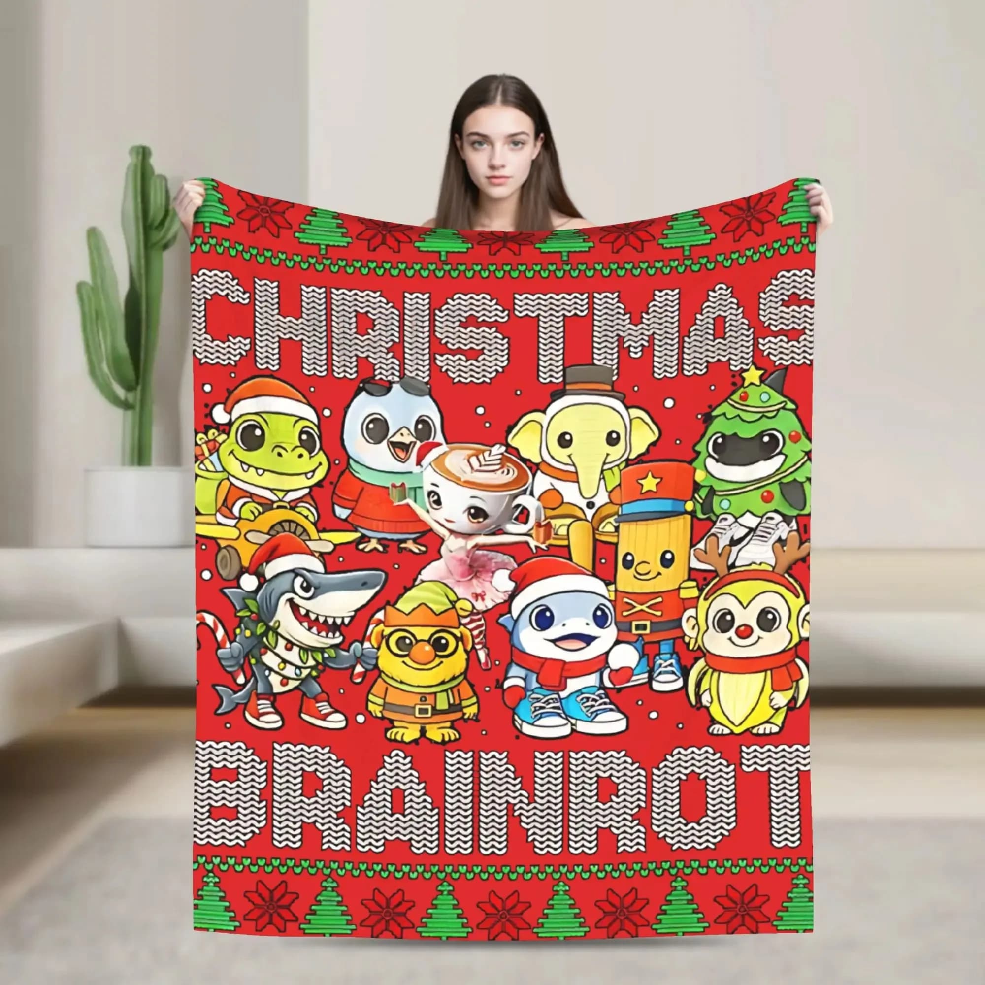 Morbida coperta di flanella calda da viaggio per ufficio, divertente copriletto per divano con stampa di Brainrot italiano natalizio