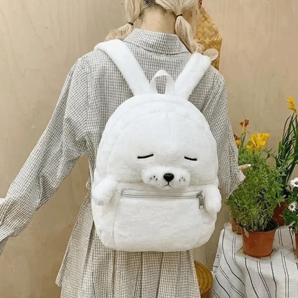 Cartoon Cute Seal Backpack Versatile Simple Fluffy Seal Schoolbag Solid Color Lightweight Shoulder Bag Women Girl Accessories