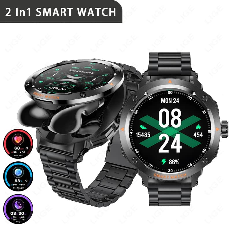 LIGE Nuovo 2 IN 1 Astuto Della Vigilanza TWS Auricolari NFC Frequenza Cardiaca Ossigeno Nel Sangue Fitness Tracker Orologio Sportivo Chiamata Bluetooth Smartwatch da Uomo