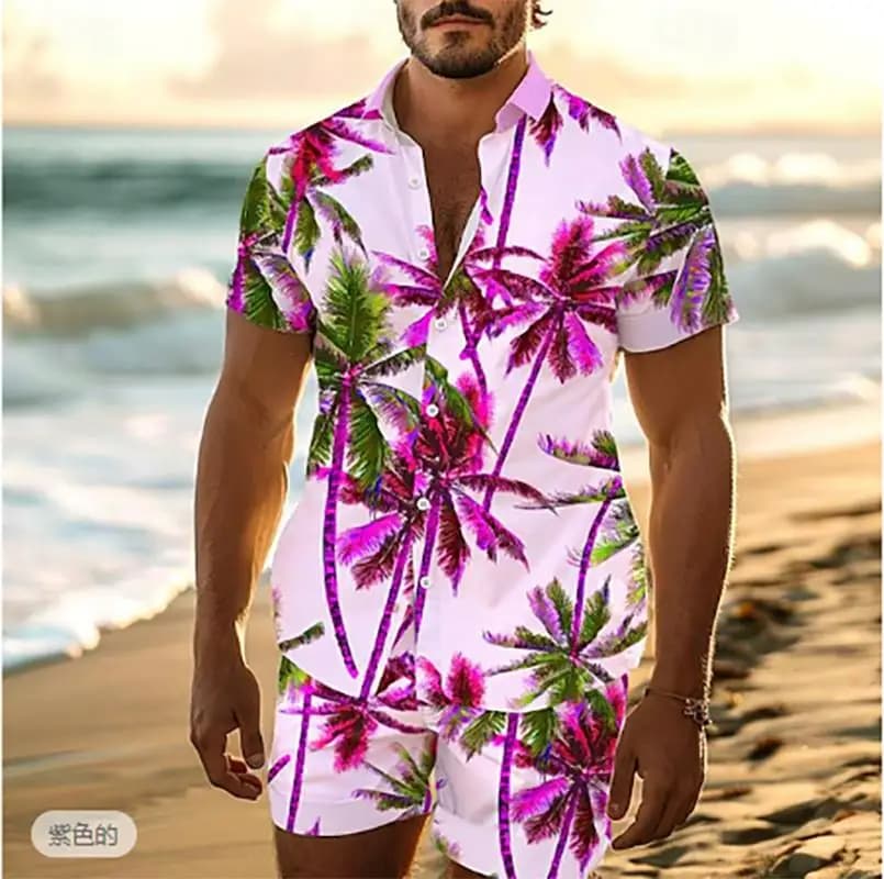 Palm Tree Tropical Men's Degree 3D Printed Hawaiian Shirt And Shorts Set Casual Fashion Short Sleeve Shirt Set