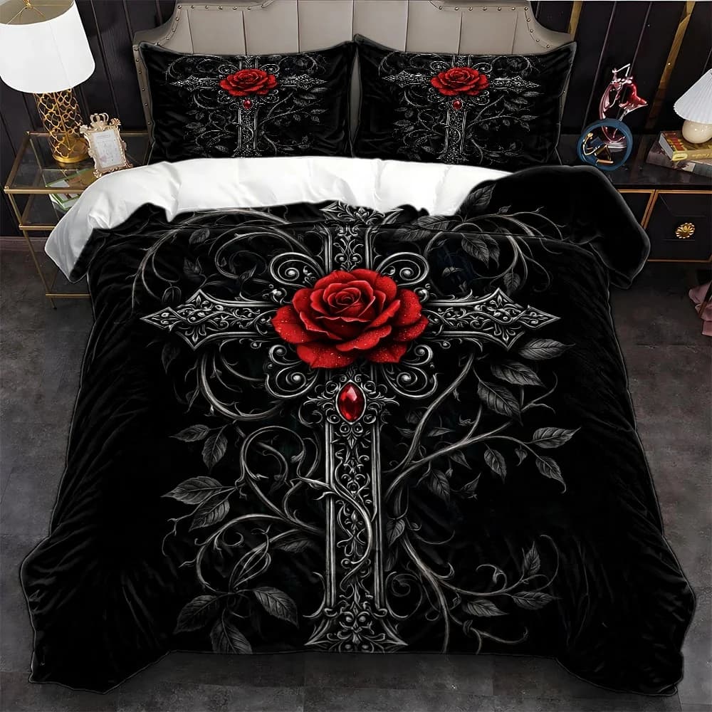 3Pc Gothic Style Cross and Red Rose Duvet Cover Set, Three-Piece Bed Set (1*Duvet Cover + 2*Pillowcases), Suitable for All Seasons, Machine Washable, Invisible Zipper Design, Large Double Bed Cover Set, Suitable for Home, Dormitory, Master Bedroom, Guest Room, Vintage Luxurious Embroidered Bedding, Popular Export Bedding, Dark Aesthetic Home Bedding Set, Light Luxury High-End Bedroom Bedding Set 2D Flat Print