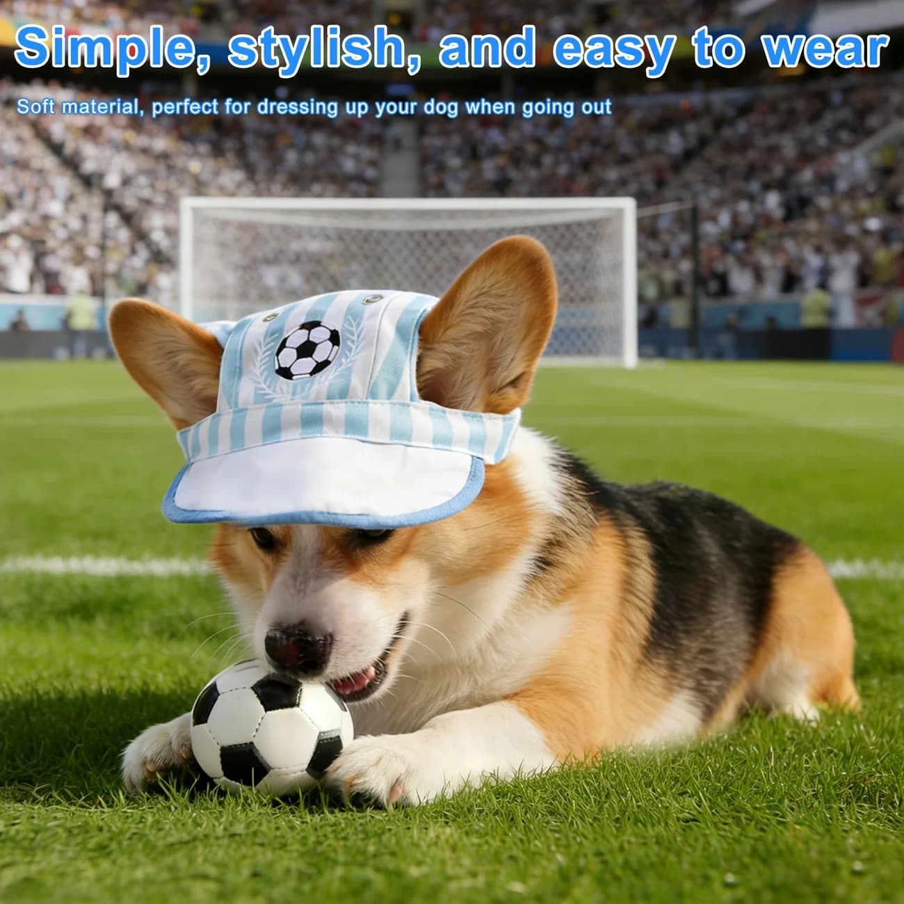 Soccer Embroidered Pet Baseball Cap, Striped Sun Hat with Adjustable Chin Strap for Dogs Cats