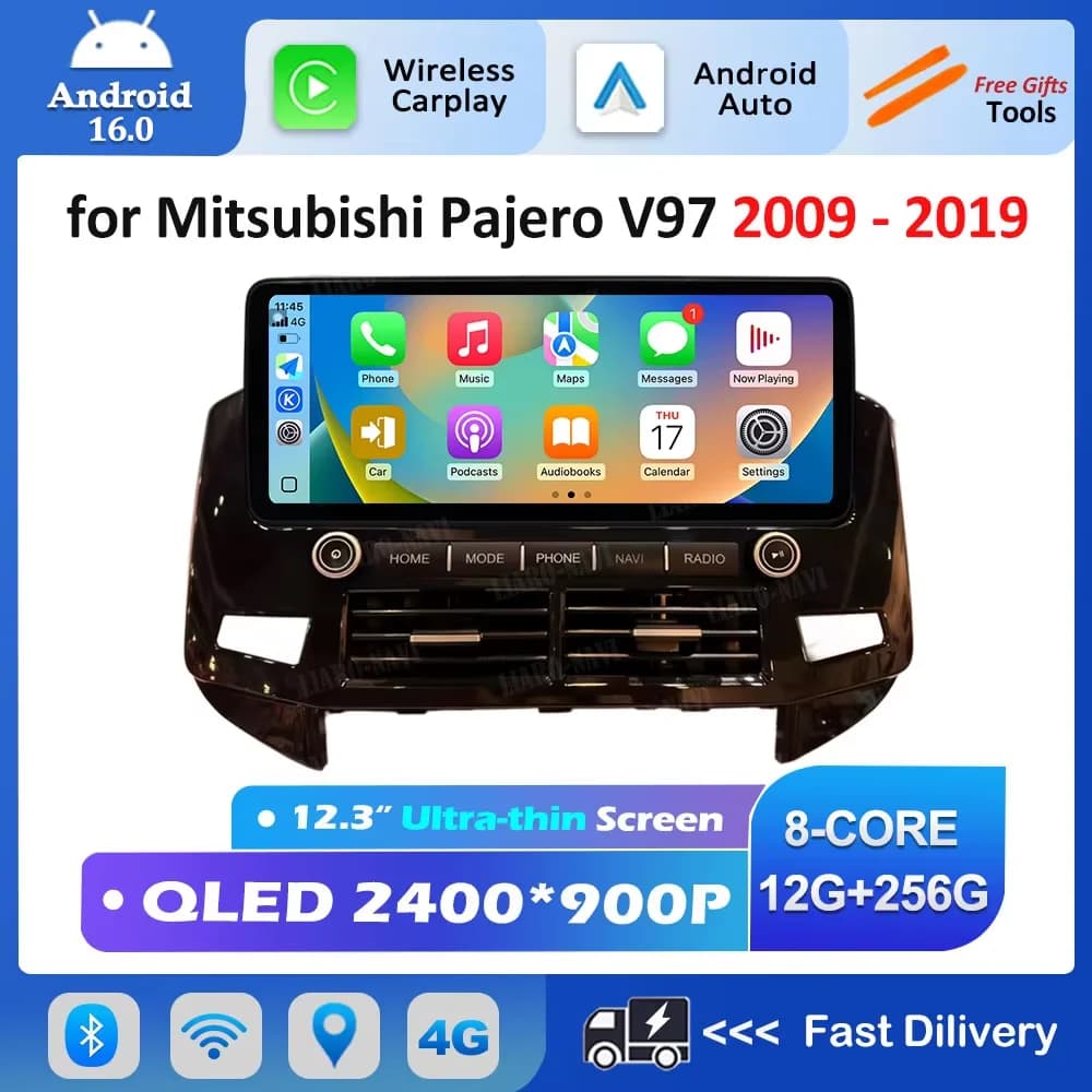 Autoradio Android 16 Carplay DSP Stereo con lettore multimediale video, schermo QLED da 12,3 pollici, WiFi per Mitsubishi Pajero V97 2009-2019