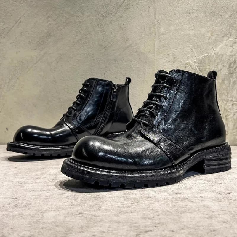 Stivali da Uomo Artigianali in Pelle di Cavallo, Stile Vintage per Moto, con Lacci e Cerniera Laterale, Stivali da Lavoro, Scarponi Antiscivolo per Escursionismo