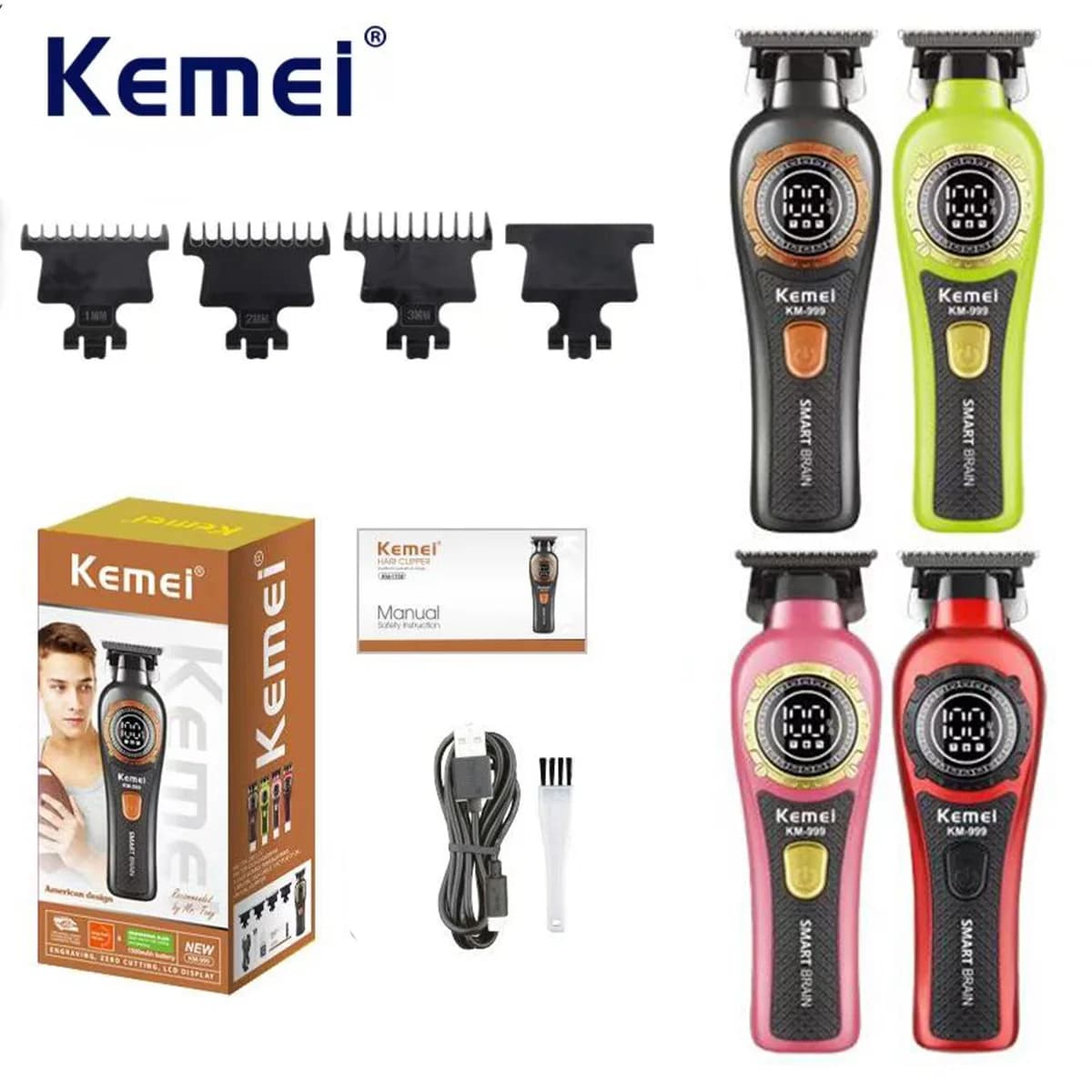 Kemei KM-999 Tagliacapelli professionale a batteria da uomo DLC T-Blade Zero Gapped Tagliacapelli elettrico per rifinitura dei capelli