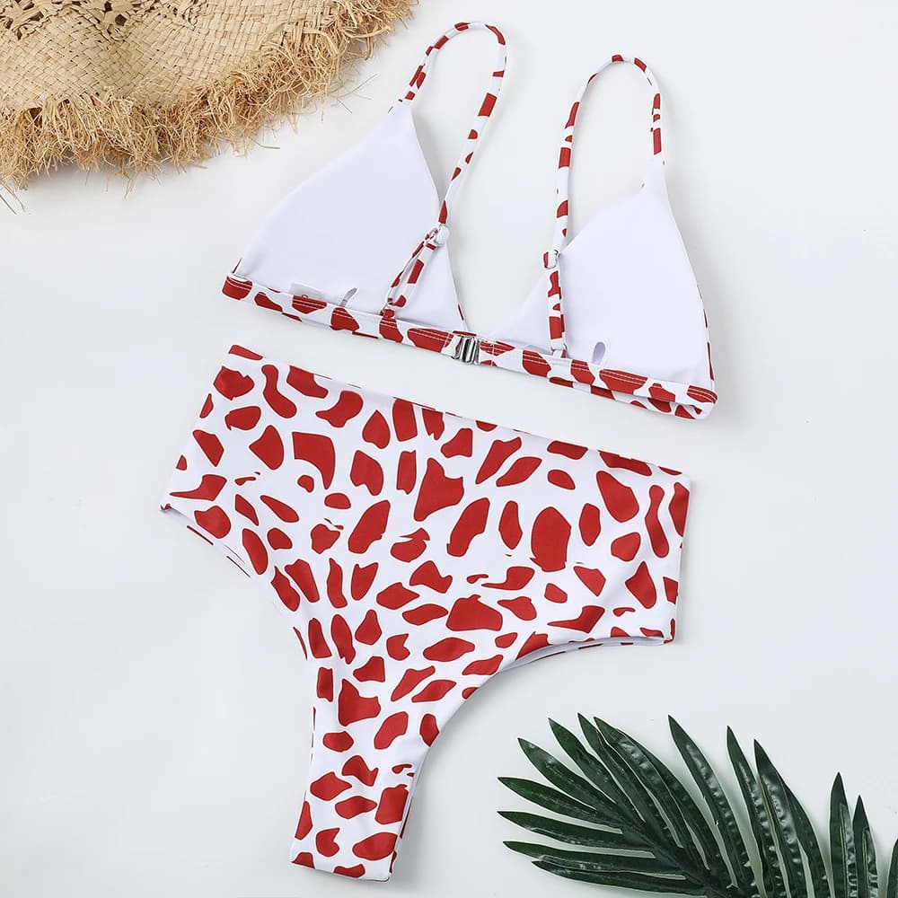 Two-piece bikini swimsuit with red leopard print for women, high waist swimsuit, padded push up swimsuit, beachwear, Biquinis