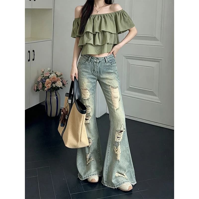 Women's Flare Jeans Low Rise Stretch Ripped Denim Pants Japanese Harajuku Abi Y2k American Retro Punk Grunge Bootcut Jean