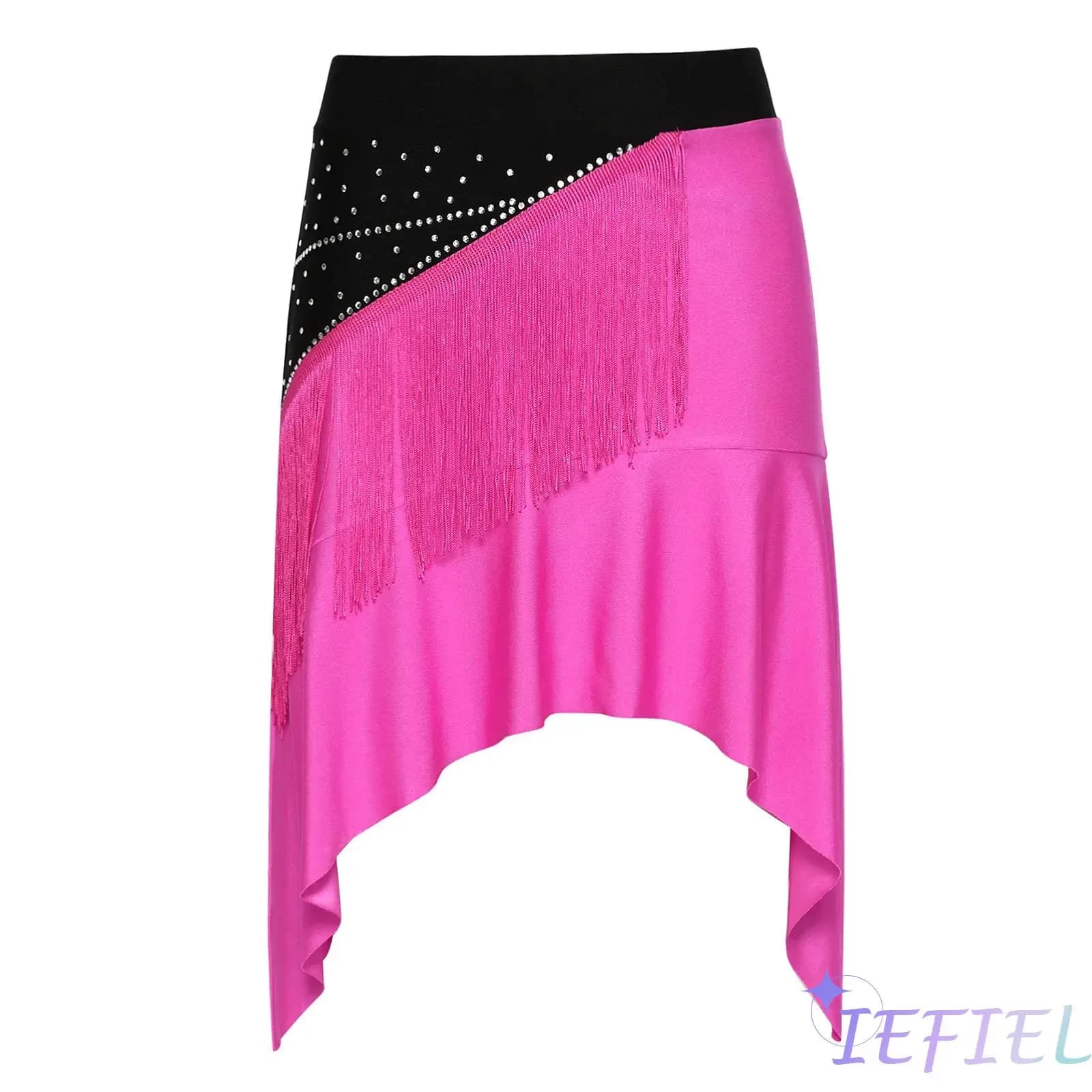 Women Latin Performance Skirt Tassel Embellished Glittery Rhinestones Irregular Hem Dance Skirt for Cha Cha Rumba Salsa Tango