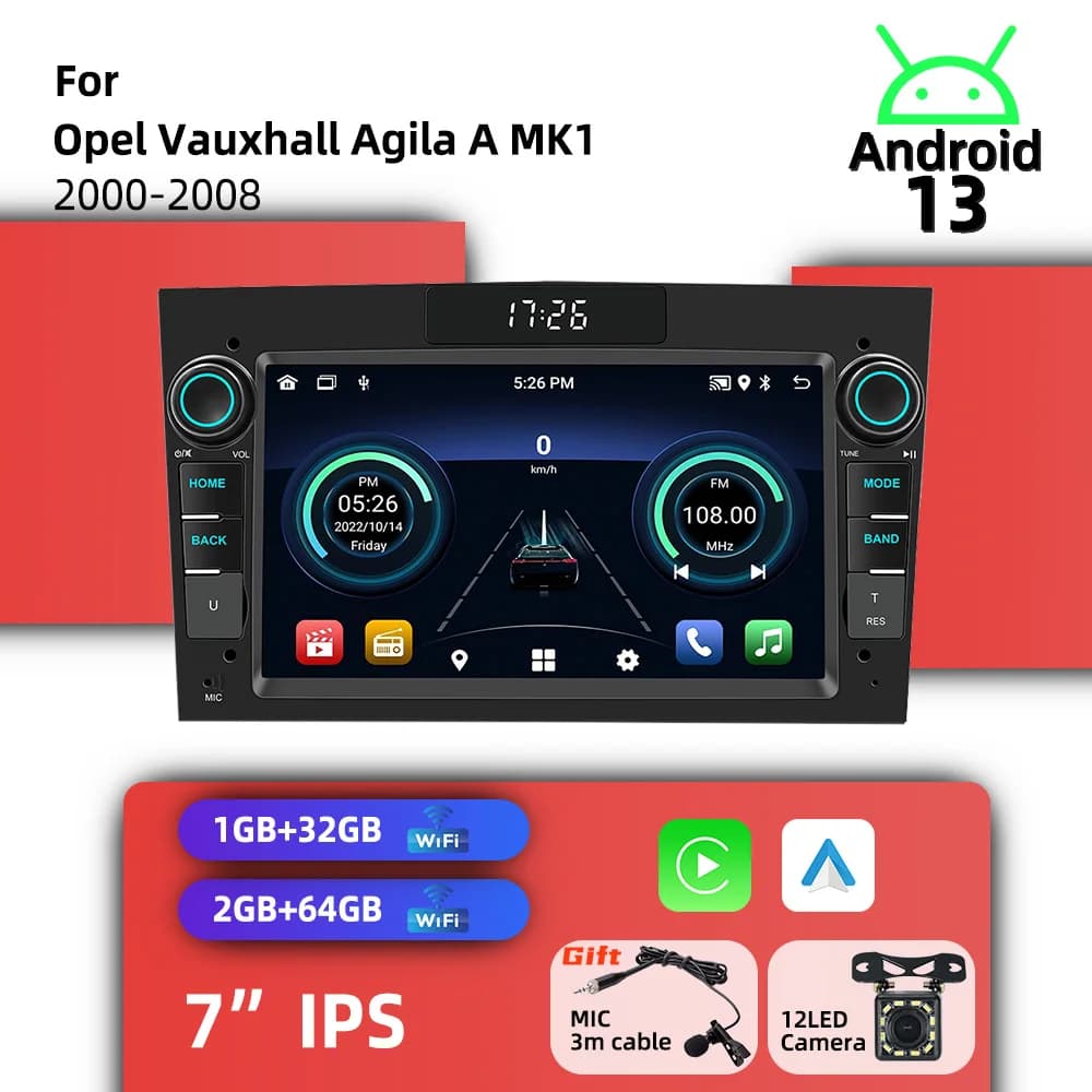 Autoradio Wireless Carplay 2Din Android with GPS Navigation, Multimedia Car System, Stereo 7\" for Opel Vauxhall Agila A MK1 2000-2008