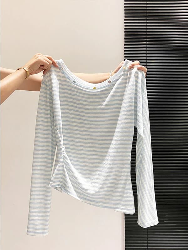 T-shirt a maniche lunghe slim fit stile coreano da donna, nuovo design estivo, top a vita pieghettata che nasconde le imperfezioni