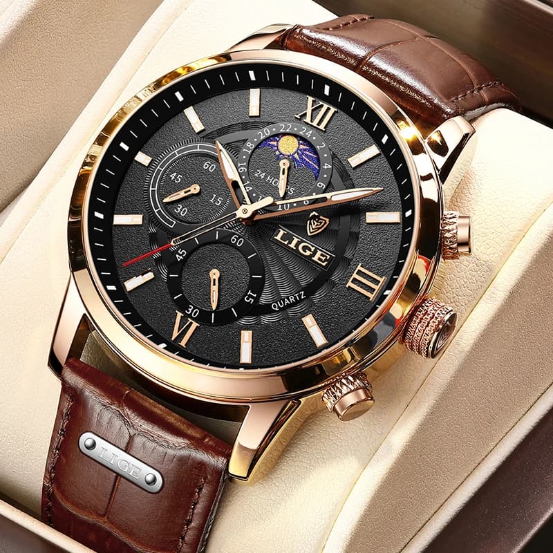 LIGE 2024 New Men's Watches Top Luxury Brown Leather Brand Casual Men's Quartz Watch Sport Watch Waterproof Relogio Masculine Watch