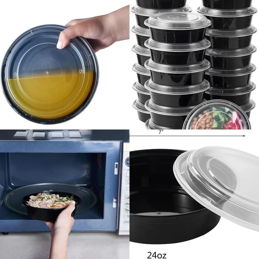 Contenitori rotondi per la preparazione dei pasti da 24 once da 150 pezzi con coperchi, contenitori per il pranzo in plastica portatili, ciotole usa e getta, nero, senza BPA,