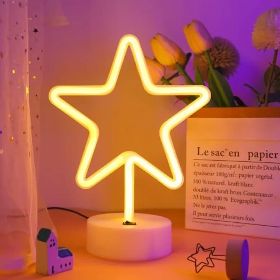 Warm White Star Shaped LED Neon Light Lamp with Base Battery Operated USB Powered LED Star Neon Sign Home Christmas Decoration