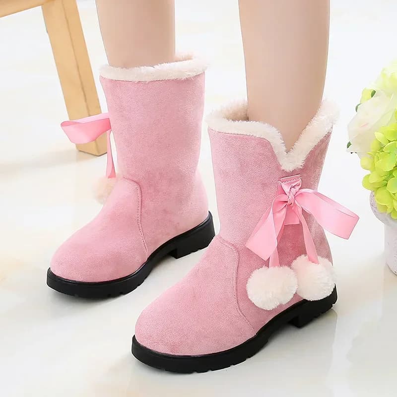 WinterGirls Add Velvet Cotton Boots Children's Princess Fashionable Snow Boots Ribbon Poms Cloths Short Boots Anti-slip Keepers Hot