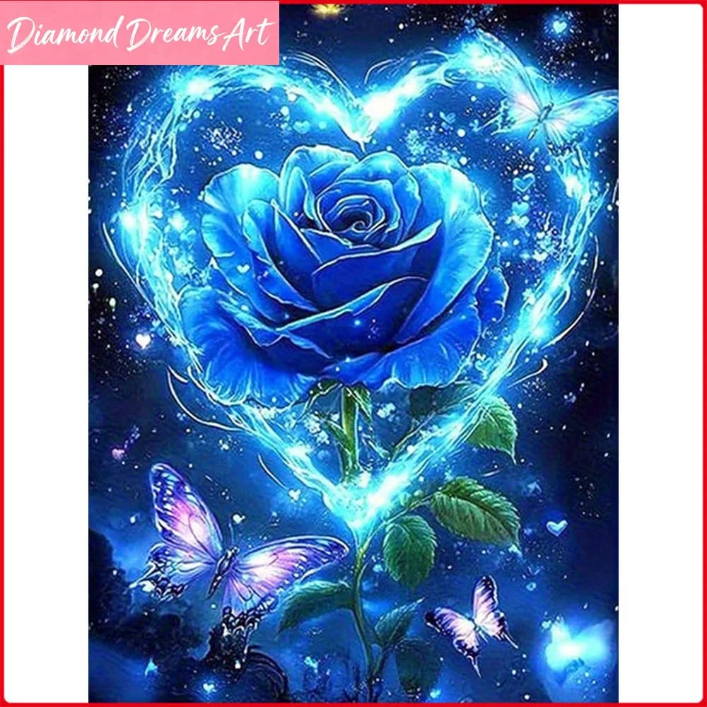 Kit Completo di Pittura Diamantata con Diamanti Quadrati e Rotondi, Rosa Blu e Farfalla, Ricamo Diamantato, Decorazione per la Casa, Senza Cornice