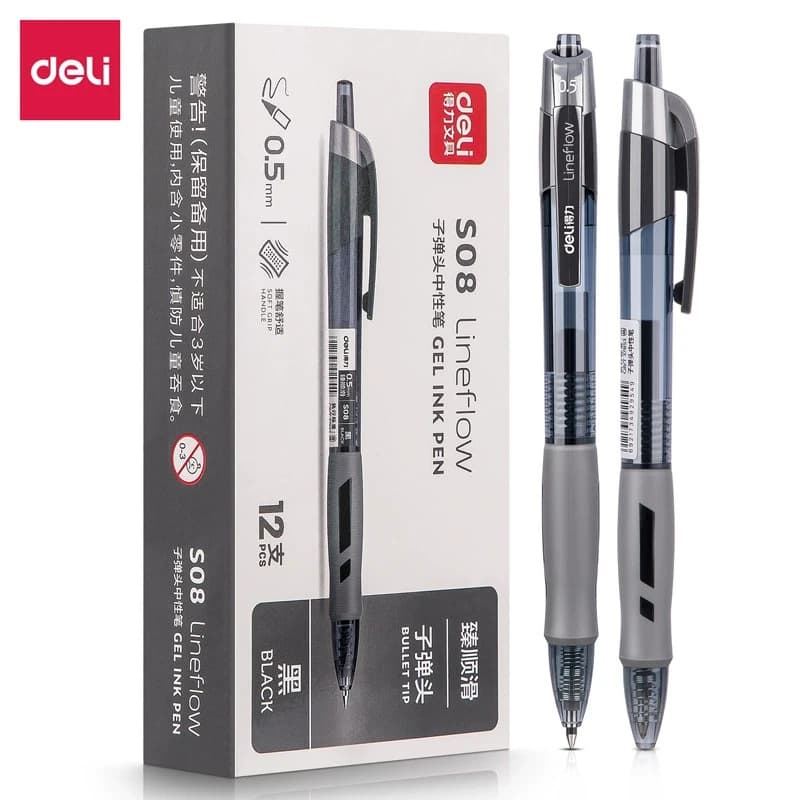 Penna a inchiostro gel DELI 0,5 mm 12 pezzi/scatola - Penna da ufficio retrattile con impugnatura morbida con inchiostro liscio nero/blu/rosso