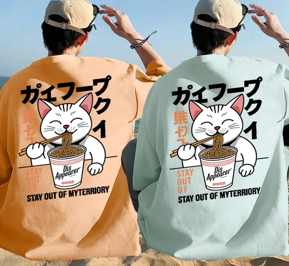 T-shirt estiva da uomo in cotone con stampa gatto che ama mangiare cup noodle, stile coreano, morbida, streetwear, traspirante, a maniche corte