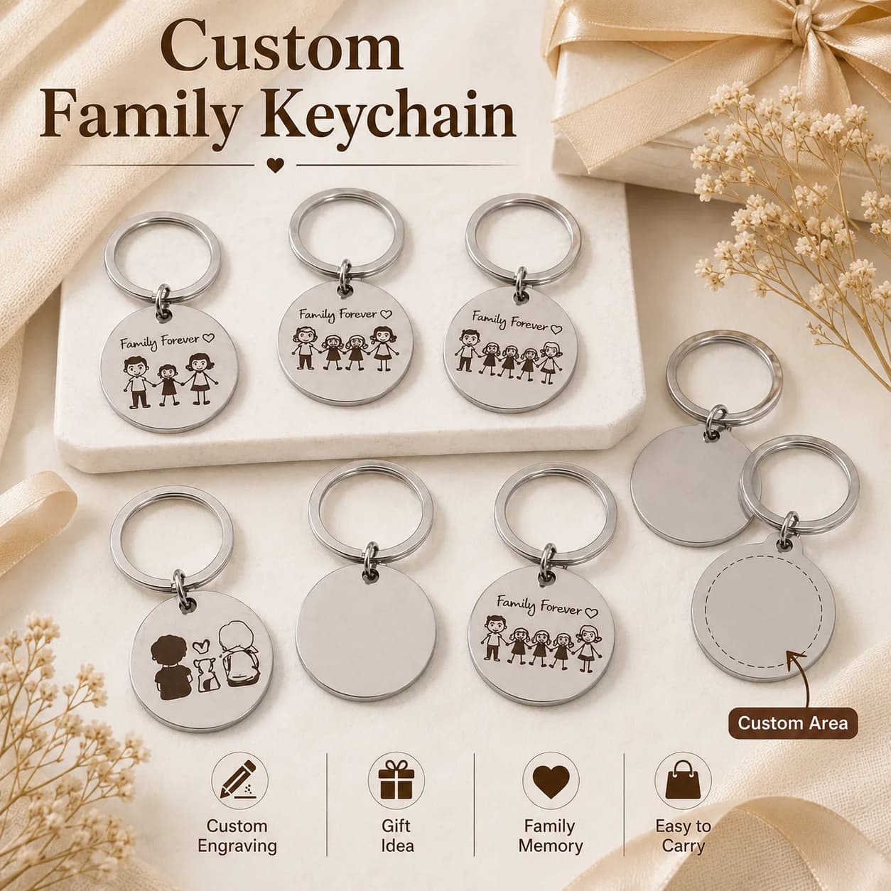 6cm Custom Family Keychain Stainless Steel Double-Sided Laser Engraving Personalized Name Key Ring Durable Gift for Parents