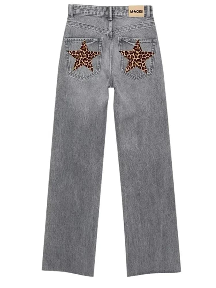 Cintura in denim con stampa leopardata toppa a stella jeans da donna a vita alta con gambe dritte abbigliamento moda pulizia pantaloni blu pantaloni vintage
