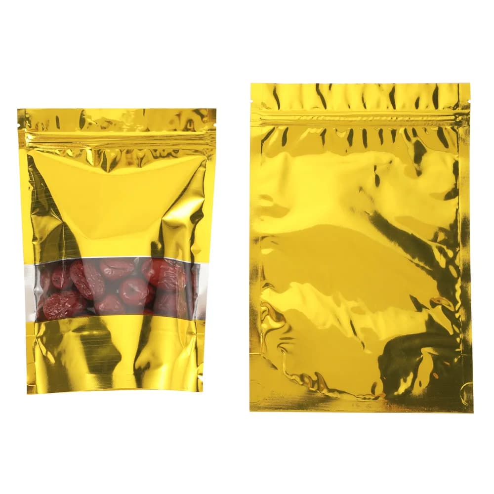 Sacchetti con chiusura a zip in foglio di alluminio color oro da 100 pezzi con finestra trasparente - Sacchetti di imballaggio autoportanti riutilizzabili per noci e snack con cerniera