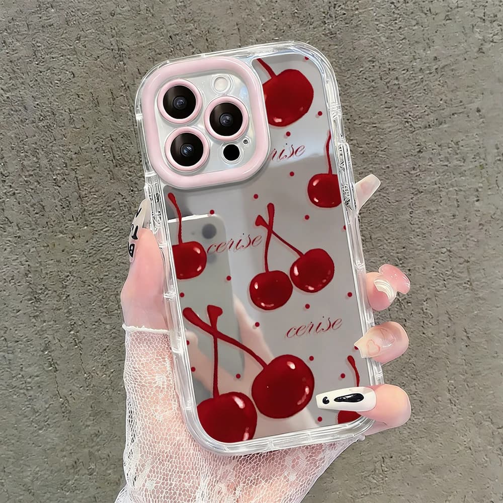 Custodia per telefono coreana con specchio e cuscino d'aria a forma di ciliegia per iPhone 17 15 14 16 Pro Max 13 12 11 Pro X XR XS MAX 7 8 Plus 17Air Cover