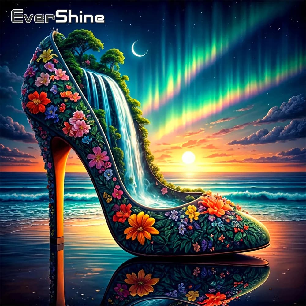 Evershine Nuovo Arrivo Mosaico Diamantato Paesaggio con Cascata Pittura con Strass Ricamo Fai da Te a Forma di Scarpa con Fiori 5D Decorazione Casa