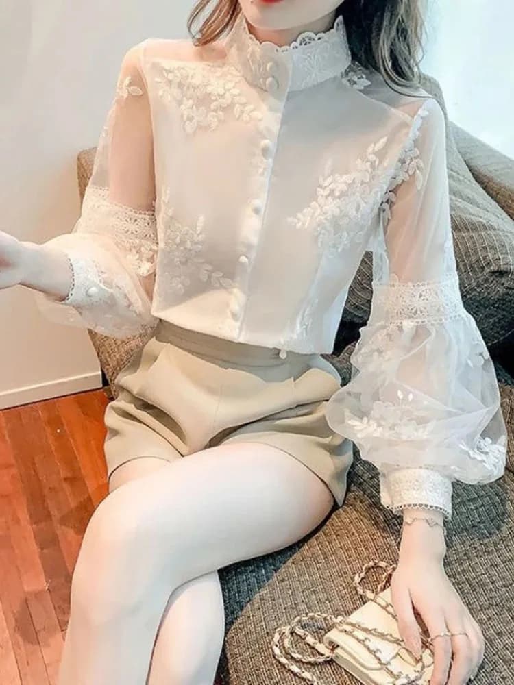 Camicetta in chiffon da donna Top elegante con colletto alla coreana e maniche a lanterna in pizzo ricamato di ispirazione reale per la primavera