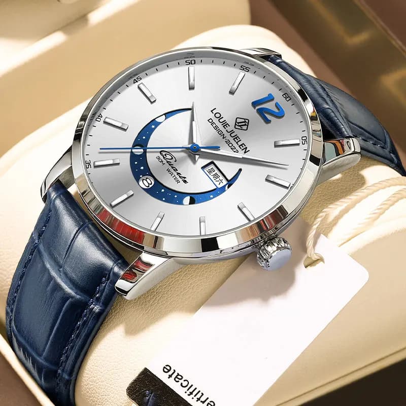 LOUIE JUELEN Men's Moon Phase Luminescent Waterproof Wristwatch - Stylish Genuine Leather Strap Quartz Watch Luxury Brand Desig