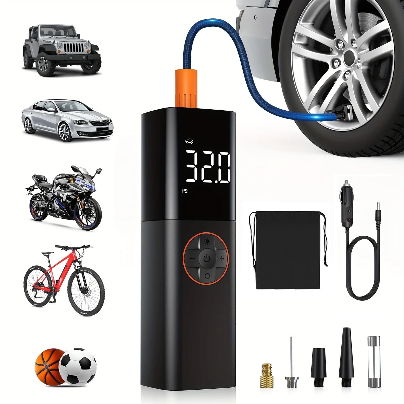 Compressore d'aria portatile per gonfiaggio pneumatici, piccola pompa d'aria DC 12V per pneumatici per auto, pompa per pneumatici elettrica 150PSI