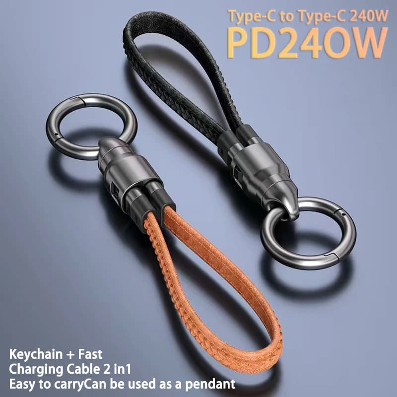 240W Fast Charger Cable Phone Charms Leather Keychain Portable Travel Type-C to C Charger for iPhone 16/15 Xiaomi 13