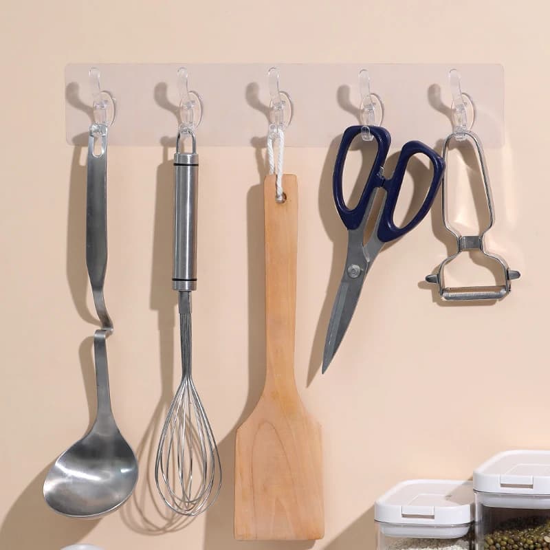 3/5/6 Hooks Transparent Holder Rack Bathroom Towel Sponge Storage Hanger Living Room Hat Clothes Seamless Hook Organiser