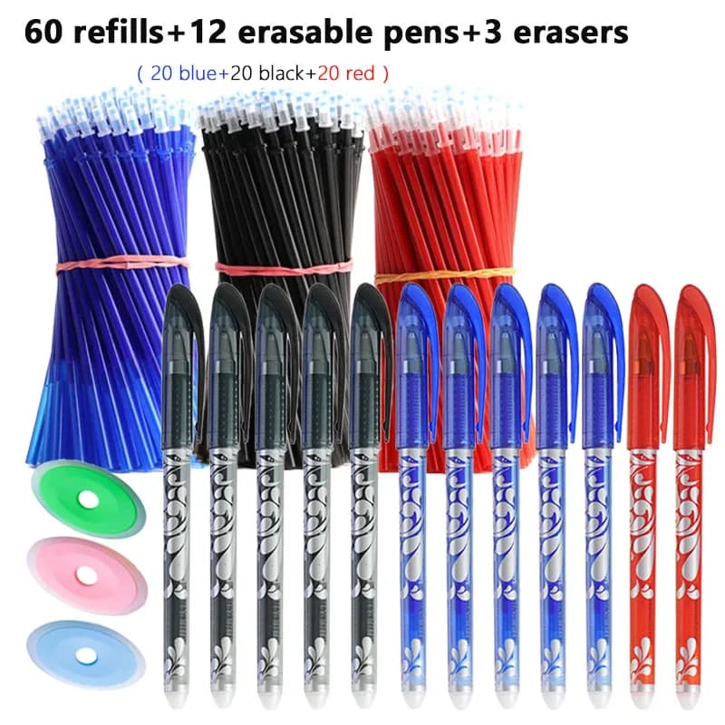 Set di miscelli di penne cancellabili da 75 pezzi Penna classica con motivo a frizione Penna gel magica fuga Nero/rosso/blu e gomma Cancelleria scolastica