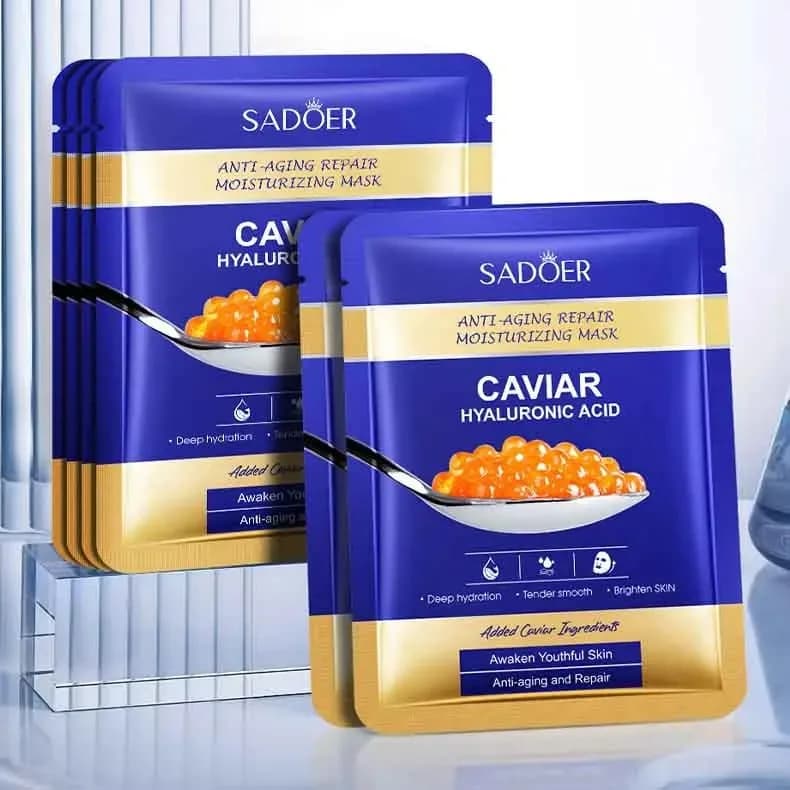5 Pezzi Sadoer Maschere Viso Idratanti al Caviale e Acido Ialuronico, Illuminanti e Rassodanti, Prodotti per la Cura della Pelle del Viso