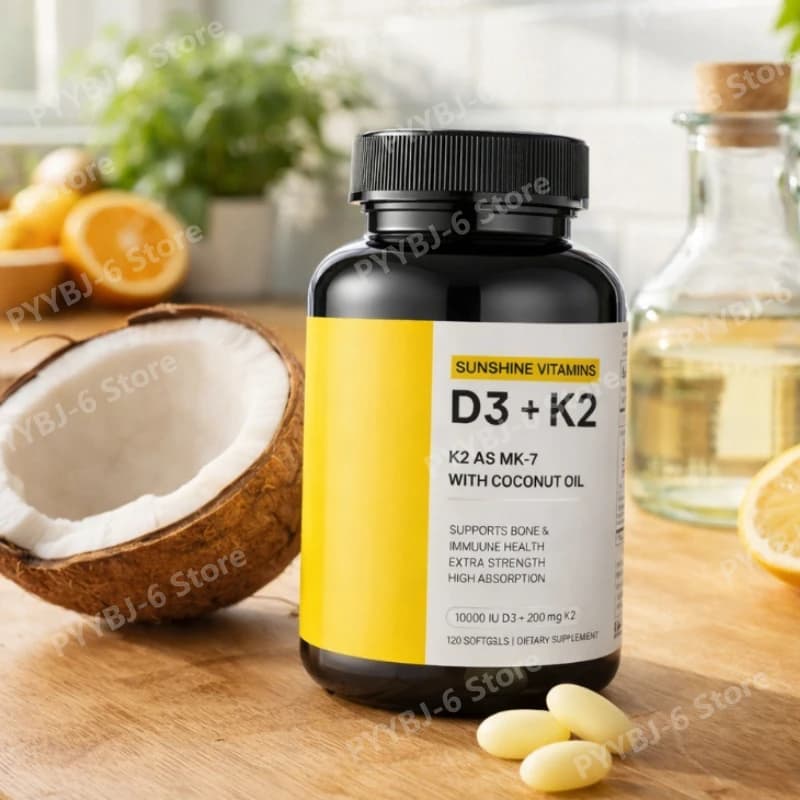 Vitamin D3 and K2 with Virgin Coconut Oil for Bone, Immunitarian and Cardiaco Support, 120 Softgel, Non-GMO Supplement, Glutine-free, Suitable for Vegans