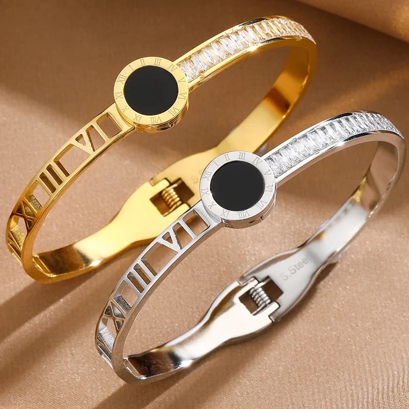 Bracciale con numeri romani in zircone per donna Bracciale in acciaio inossidabile Accessorio per gioielli di moda