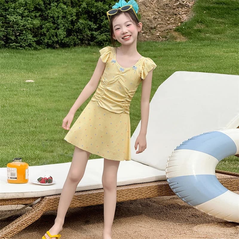 Costume da bagno intero per bambina 2026 giallo a pois con fiocco e vita arricciata, per l'estate, la spiaggia e la piscina, 110-170 cm, 20-50 kg