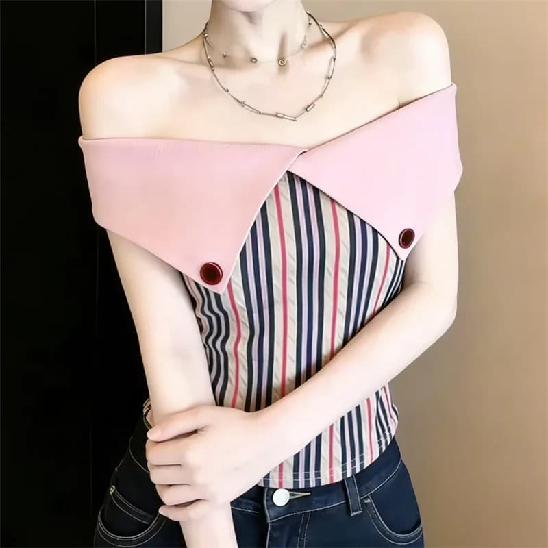 New Summer Shirt 2026 Sweet Spicy Girl with Neckline, Top Short Righe Pink and Green, Blusa Corta Women's Strapless Slim