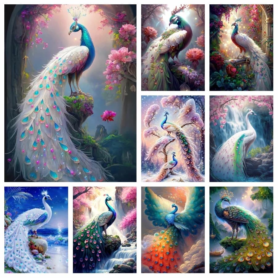 Bellissimo Quadro Diamantato con Pavone, Pittura Diamantata 5D Fai da Te con Diamanti Rotondi Completi, Pavone Blu e Bianco, Mosaico Punto Croce, Decorazione per Camera da Letto